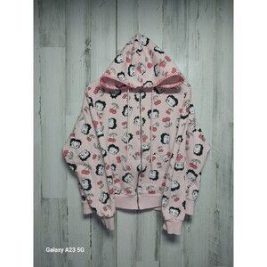 Fleischer Studios Women's Medium Pink Betty Boop Cherry Full Zip Cropped Hoodie
